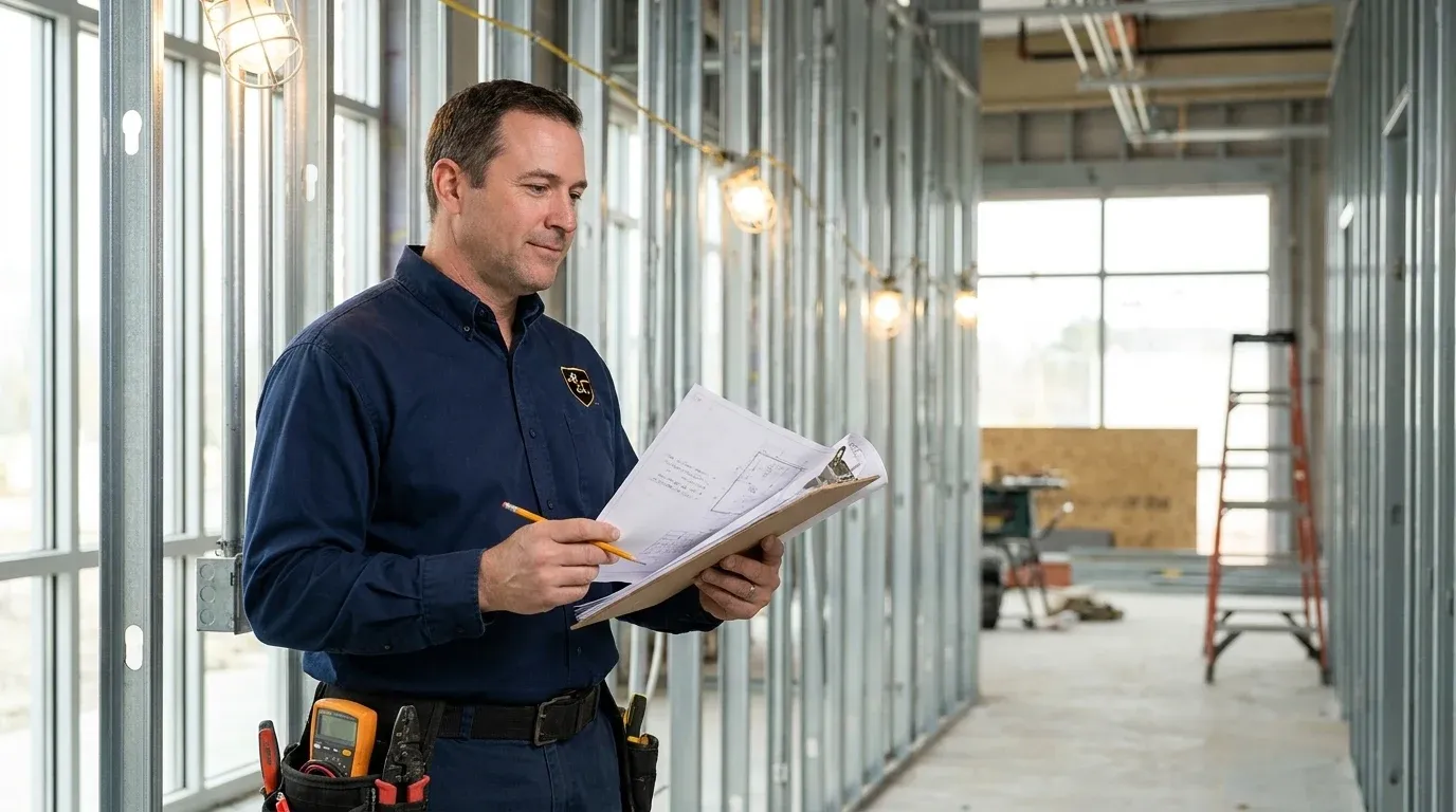 Coastal Comfort Electric Tenant Improvement Electrical Planning Coastal Comfort Electric technician reviewing notes and materials for tenant improvement electrical planning.