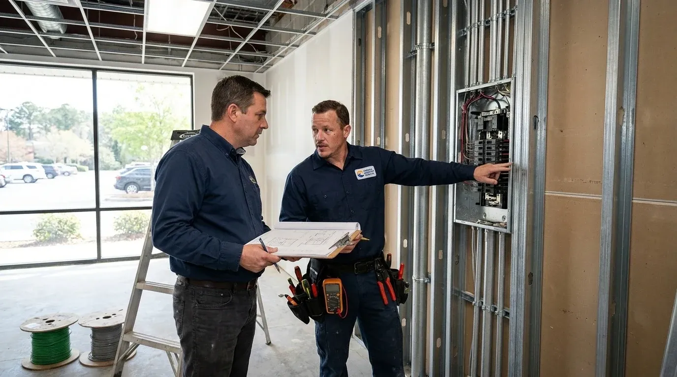 Coastal Comfort Electric technician reviewing tenant improvement electrical needs at a Wilmington-area commercial property.