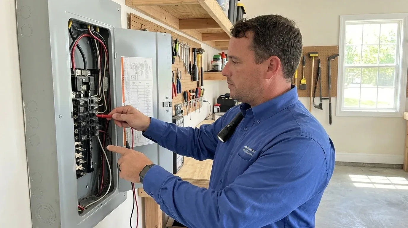 Coastal Comfort Electric technician verifying tripping breaker repair work in a Wilmington-area home.