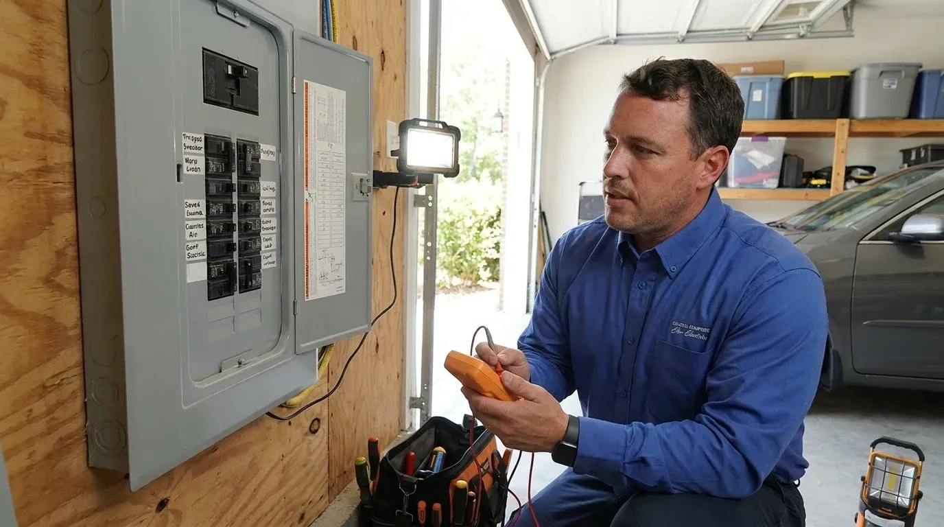 Coastal Comfort Electric technician checking electrical conditions for tripping breaker repair at a Wilmington-area home.