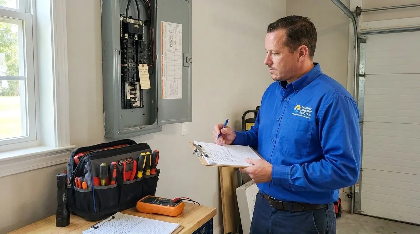 Coastal Comfort Electric technician reviewing notes and materials for tripping breaker repair planning.