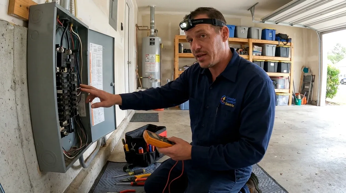 Coastal Comfort Electric technician reviewing tripping breaker repair needs at a Wilmington-area home.