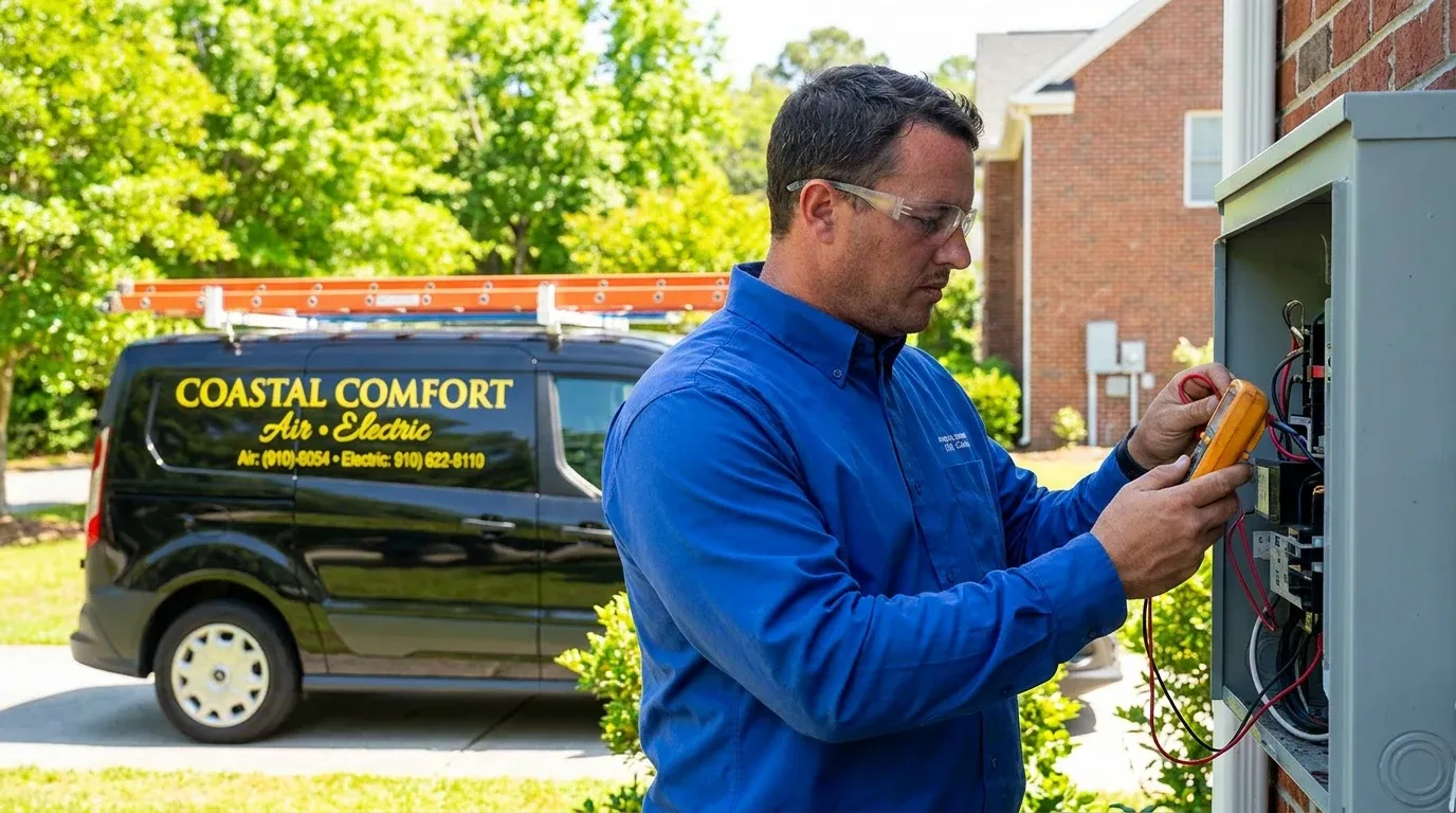 Coastal Comfort Electric technician verifying under-cabinet lighting work in a Wilmington-area home.