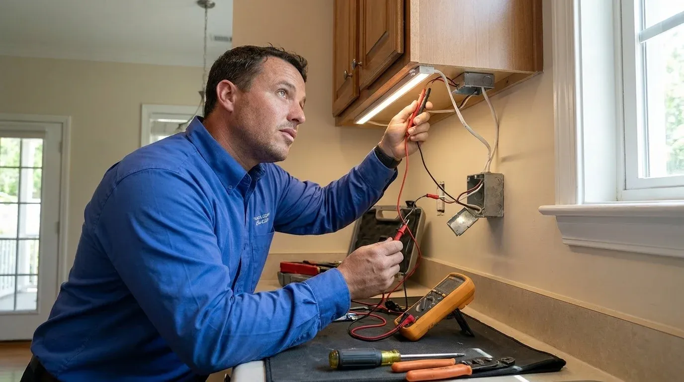 Coastal Comfort Electric Under-Cabinet Lighting Field Review Coastal Comfort Electric technician checking electrical conditions for under-cabinet lighting at a Wilmington-area home.