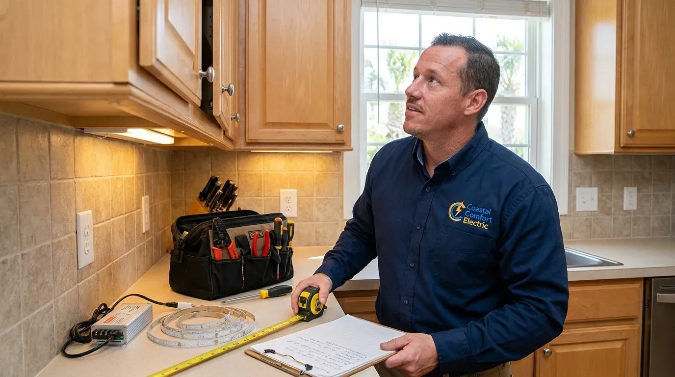 Coastal Comfort Electric Under-Cabinet Lighting Planning Coastal Comfort Electric technician reviewing notes and materials for under-cabinet lighting planning.