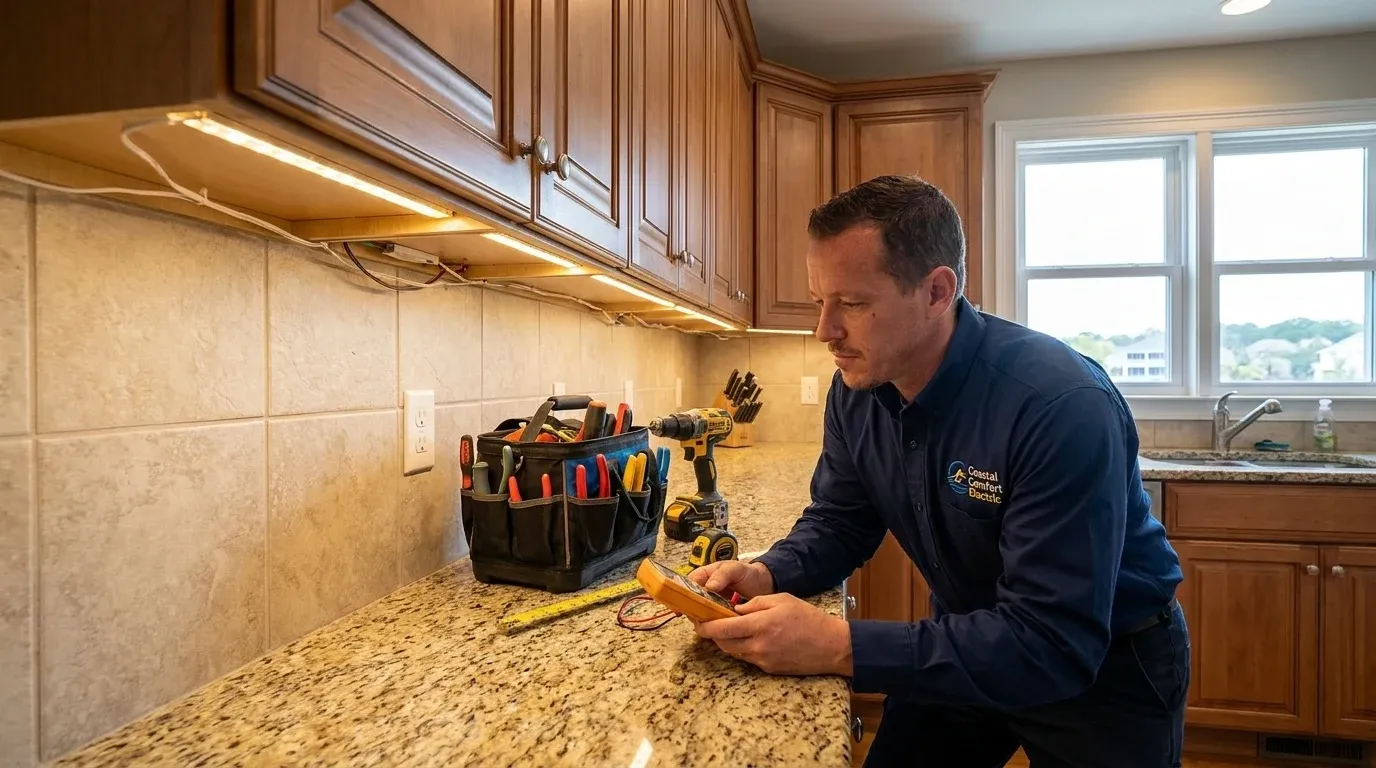 Coastal Comfort Electric technician reviewing under-cabinet lighting needs at a Wilmington-area home.