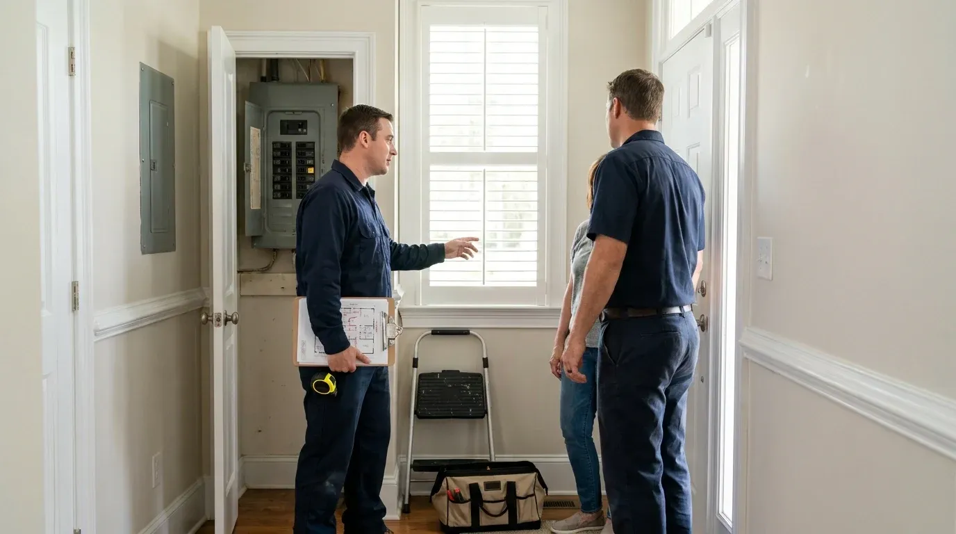 Coastal Comfort Electric technician verifying whole-home rewiring work in a residential utility area.