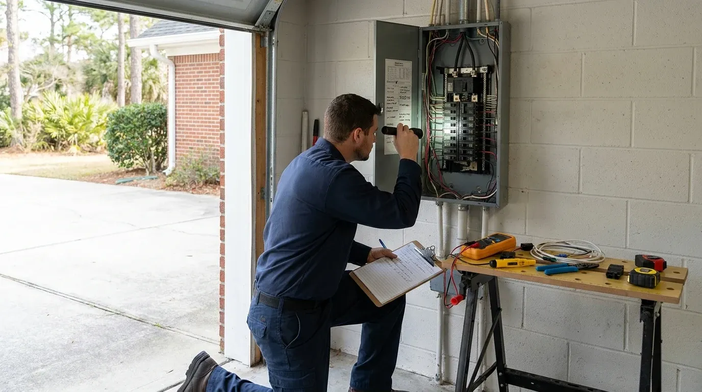 Coastal Comfort Electric Whole-Home Rewiring Planning Coastal Comfort Electric technician reviewing notes for whole-home rewiring planning.