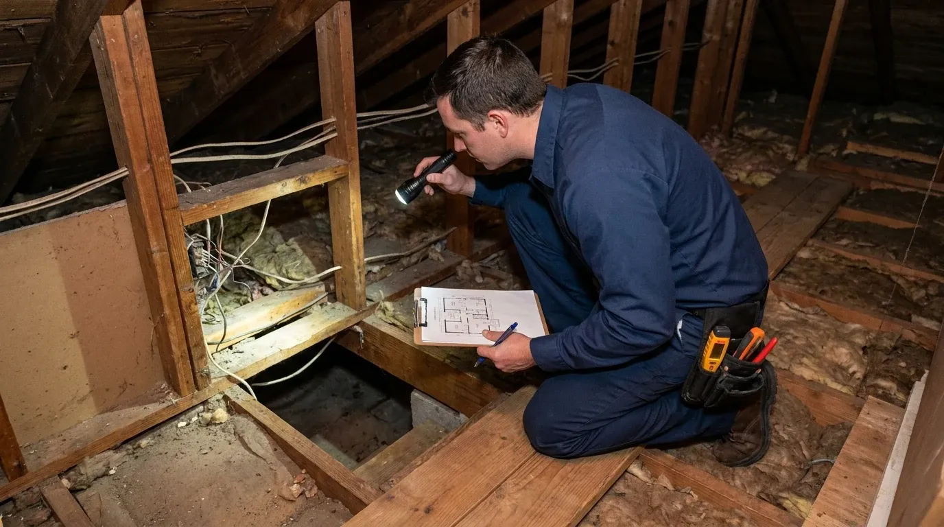 Coastal Comfort Electric Whole-Home Rewiring Scope Review Coastal Comfort Electric technician checking residential electrical conditions for whole-home rewiring.