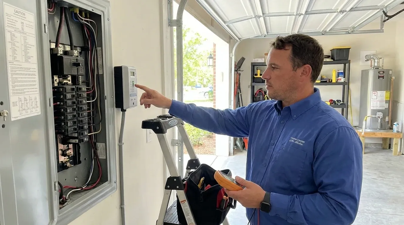 Coastal Comfort Electric technician verifying whole-home surge protection work in a Wilmington-area home.