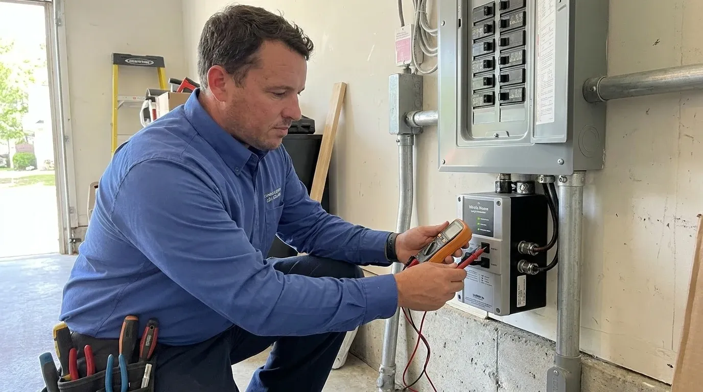Coastal Comfort Electric Whole-Home Surge Protection Field Review Coastal Comfort Electric technician checking electrical conditions for whole-home surge protection at a Wilmington-area home.