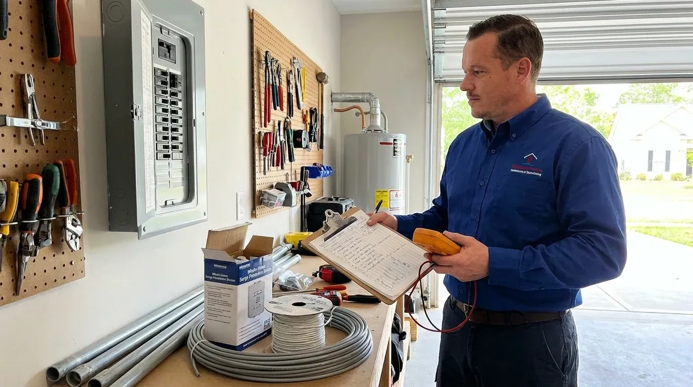 Coastal Comfort Electric Whole-Home Surge Protection Planning Coastal Comfort Electric technician reviewing notes and materials for whole-home surge protection planning.