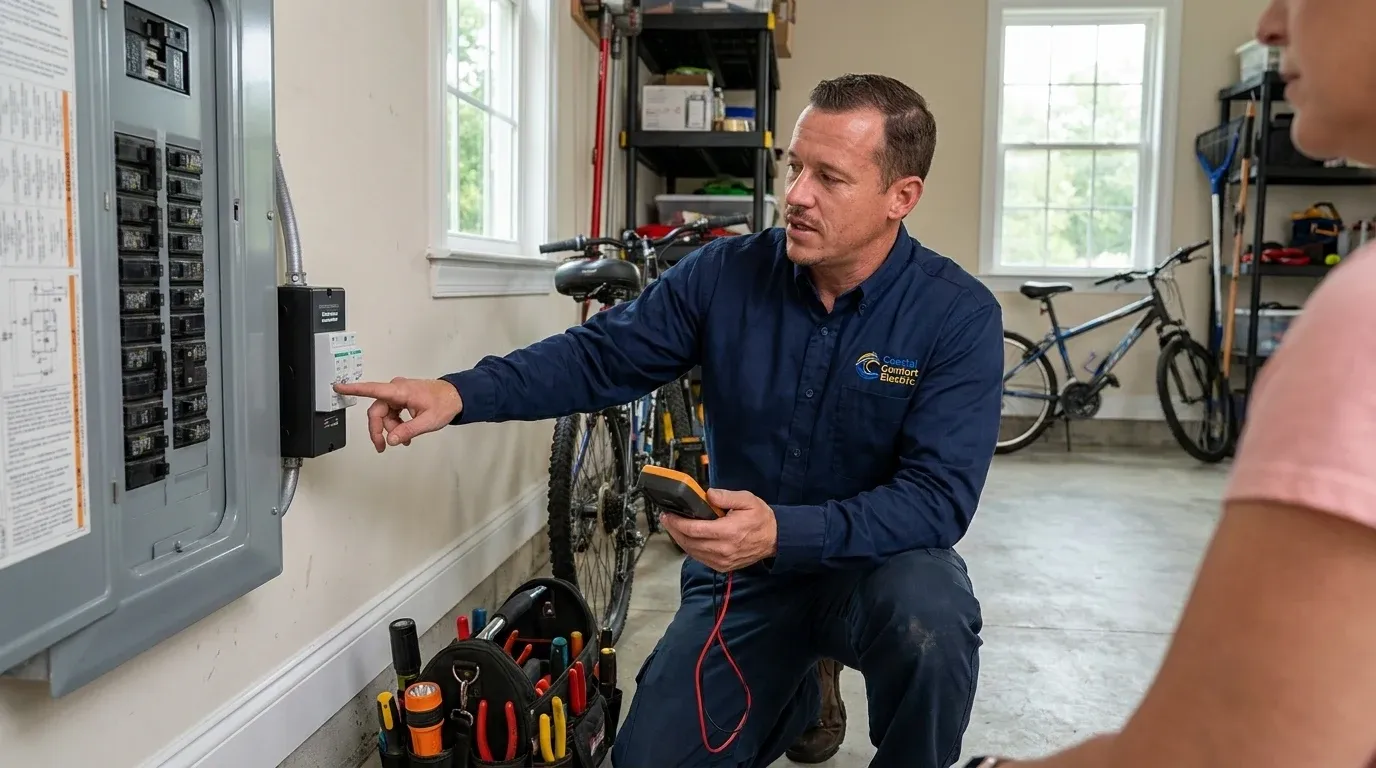 Coastal Comfort Electric technician reviewing whole-home surge protection needs at a Wilmington-area home.
