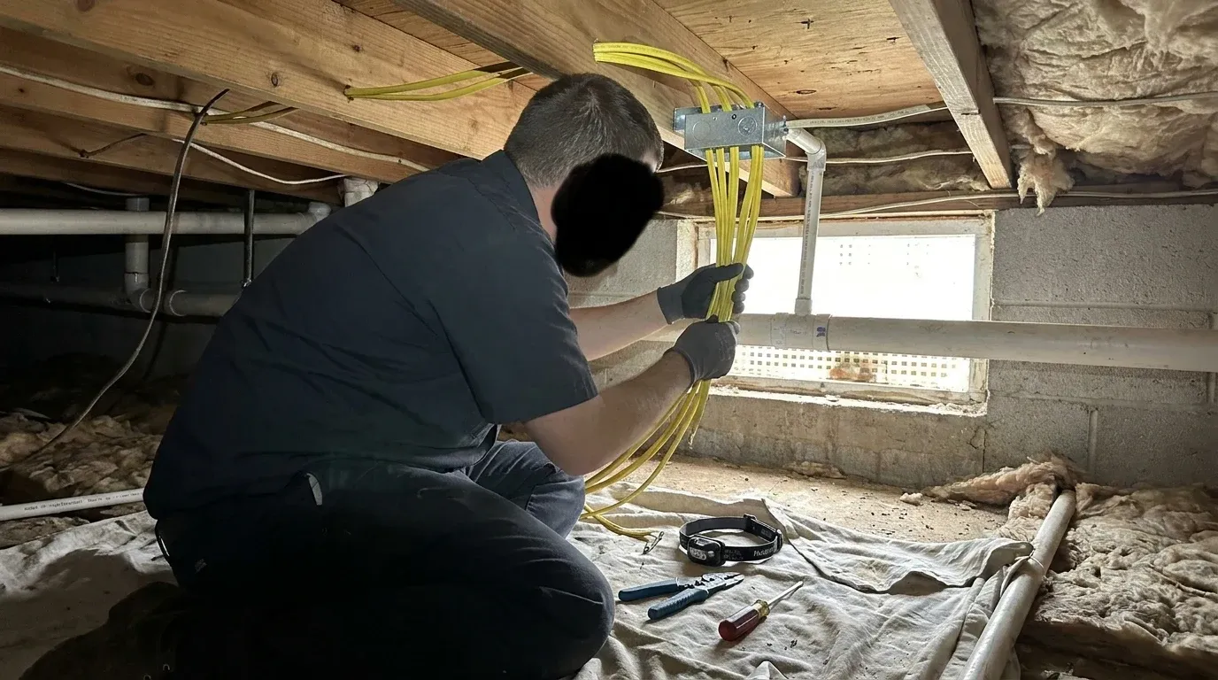 Coastal Comfort Electric Wiring and Rewiring Scope Review Coastal Comfort Electric technician checking residential electrical conditions for wiring and rewiring.