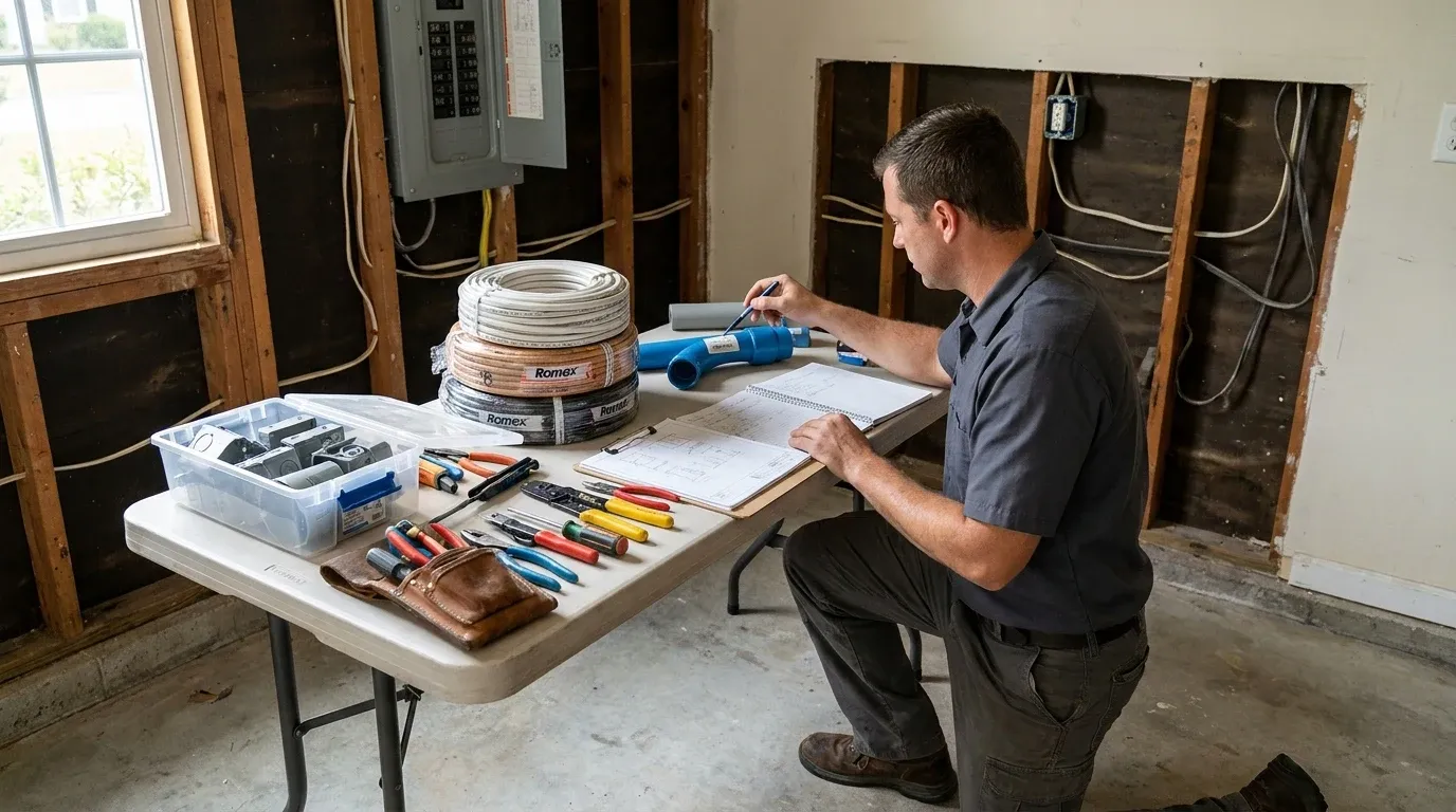 Coastal Comfort Electric Wiring and Rewiring Planning Coastal Comfort Electric technician reviewing notes for wiring and rewiring planning.
