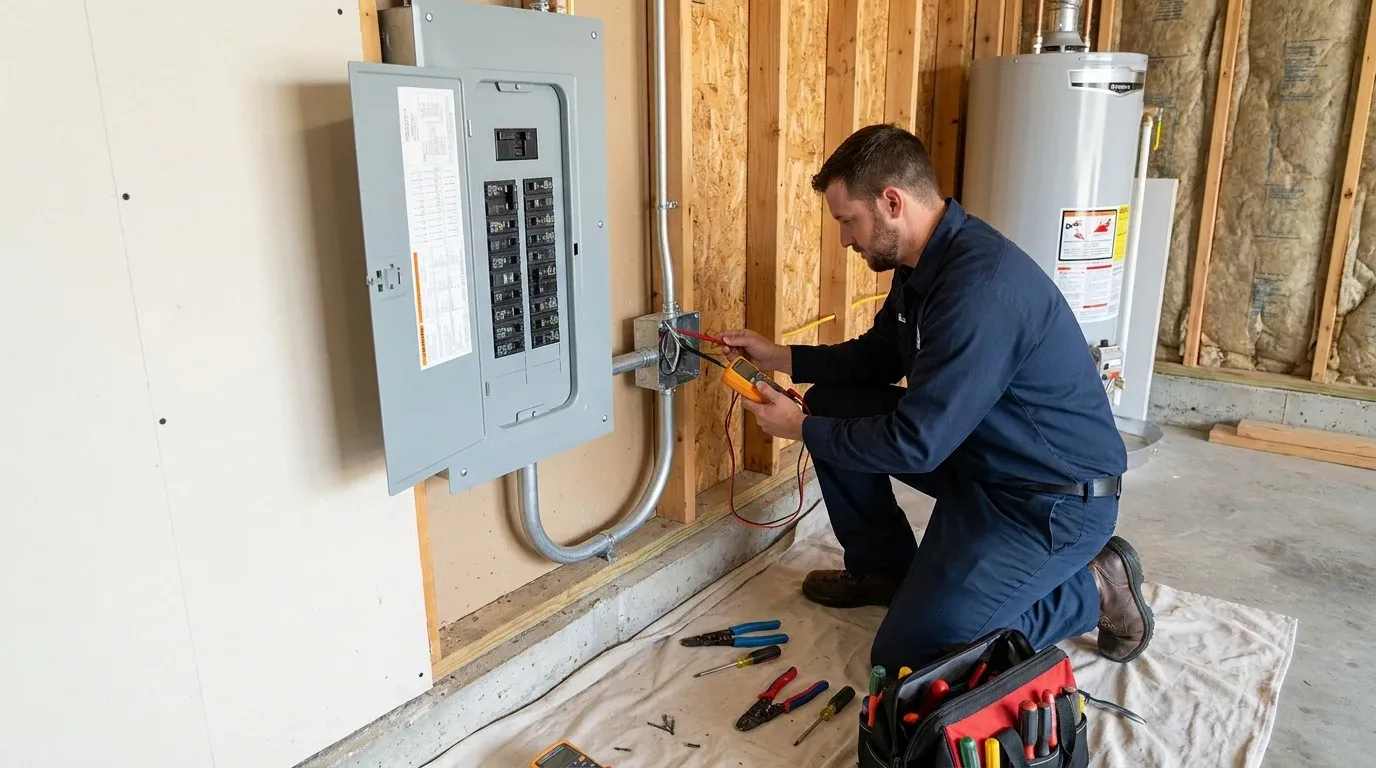 Coastal Comfort Electric technician verifying wiring and rewiring work in a residential utility area.