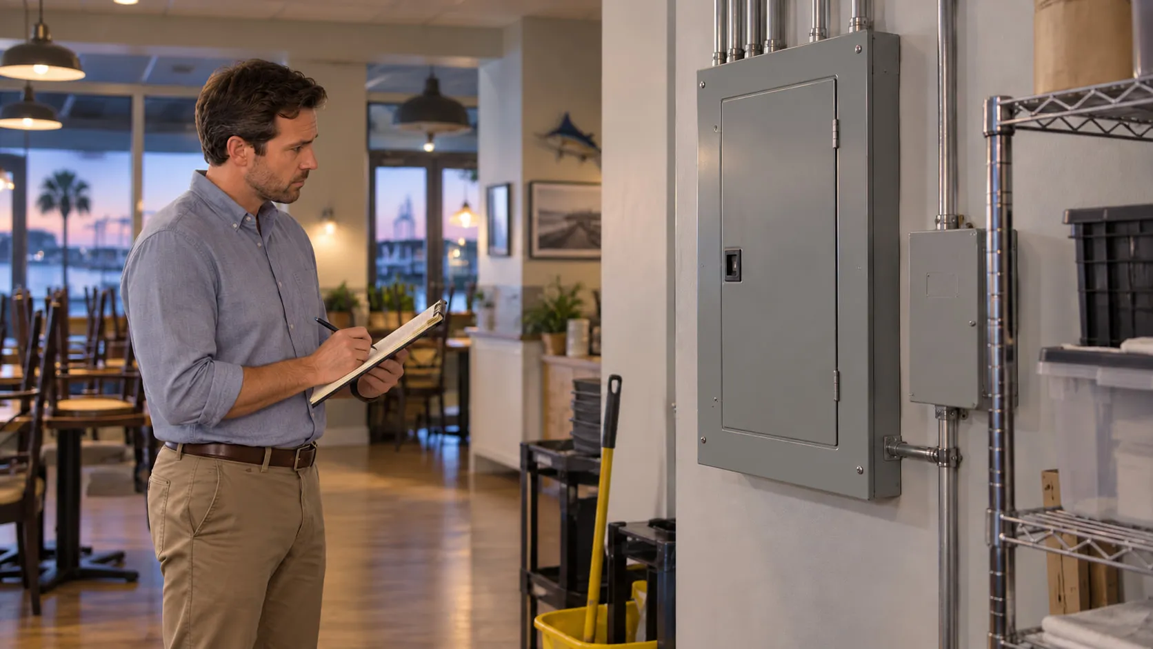 8 Electrical Problems That Could Shut Down Your Business: A Commercial Electrician’s Warning-Sign Checklist Commercial electrical panel with a business manager taking notes from a safe distance.