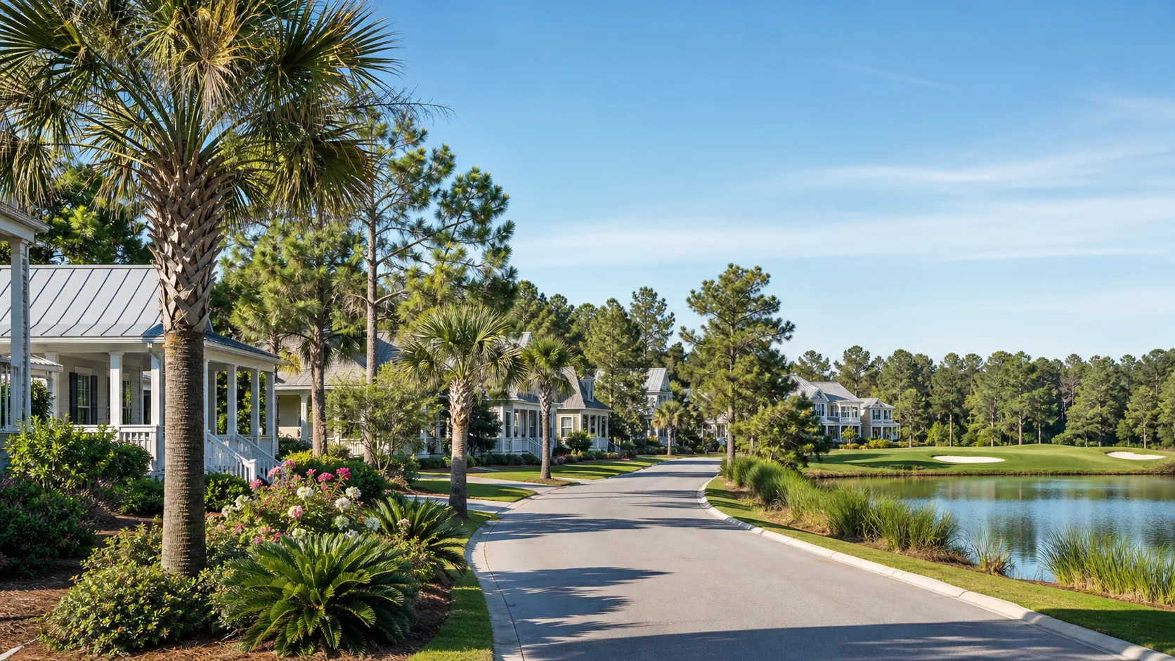 Landscaped residential community setting representing Compass Pointe near Leland, North Carolina.