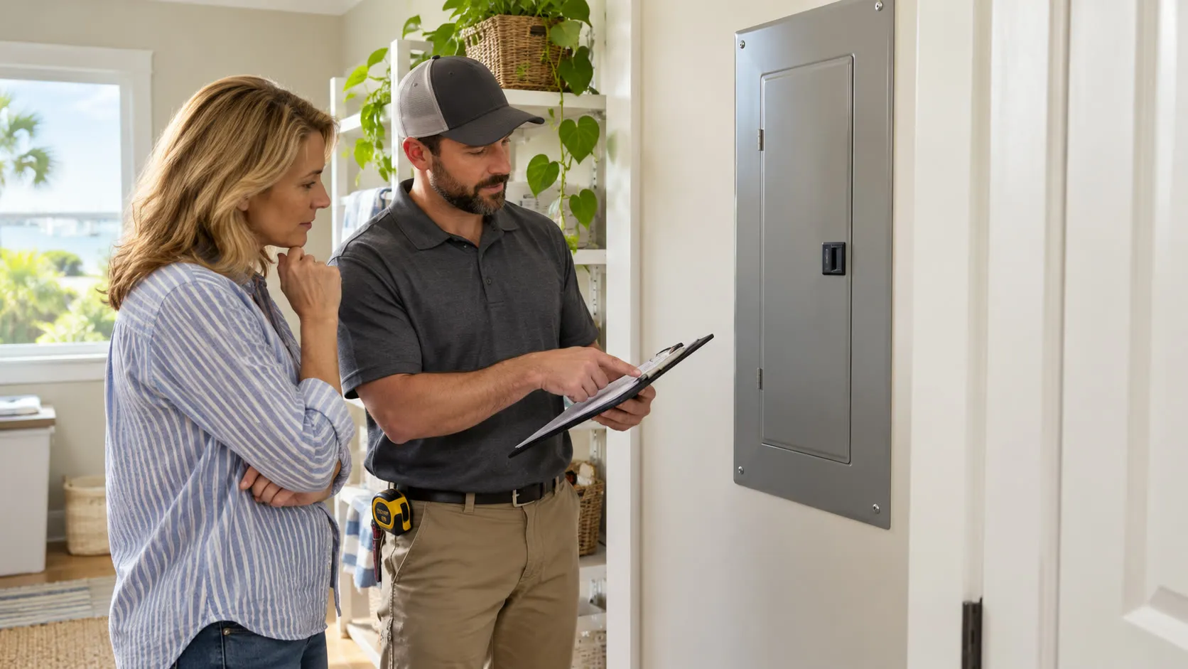 Do You Need an Electrical Panel Upgrade—or Just a Repair? Electrician reviewing panel options with a homeowner.