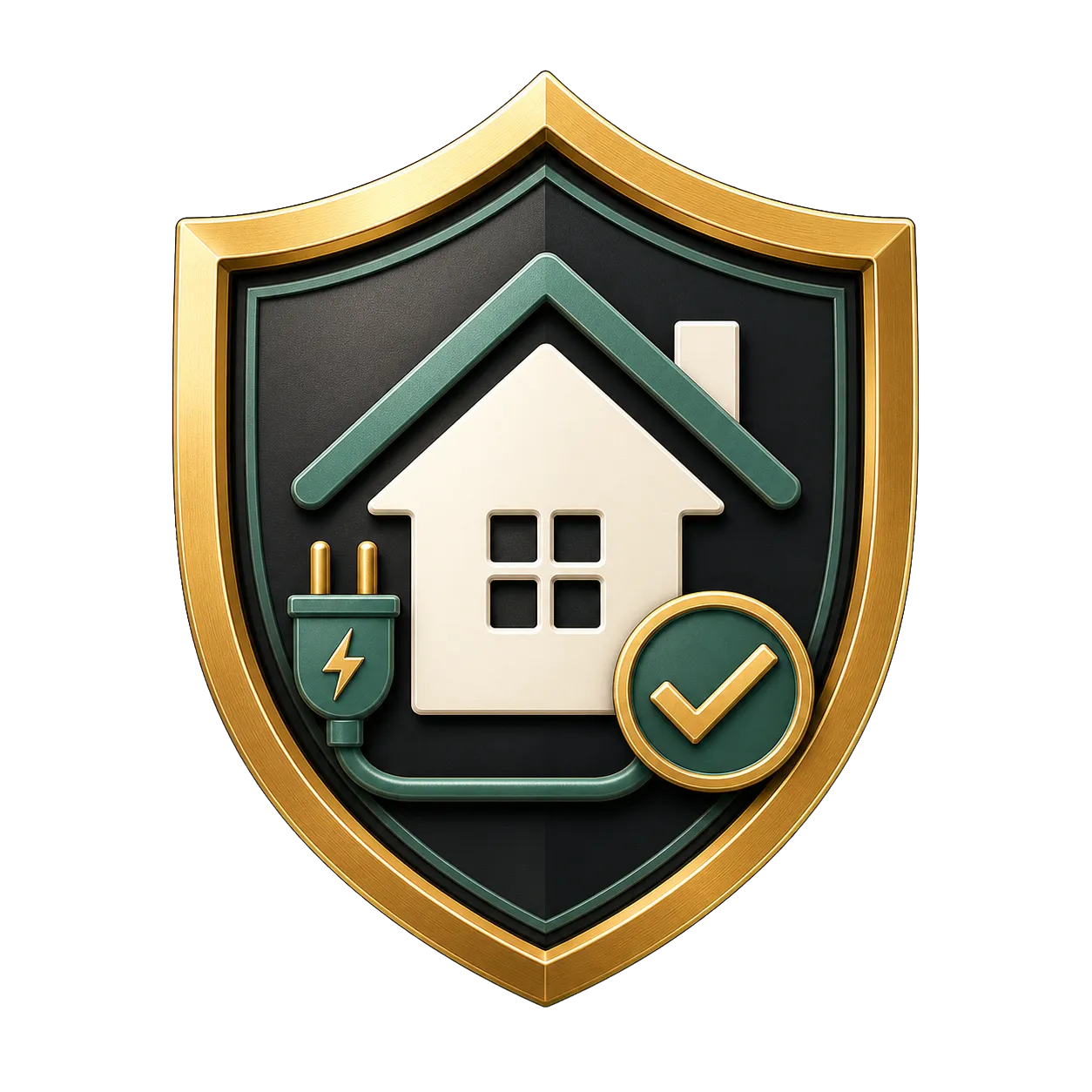 Generated green and gold shield, house, and electrical line badge for fully insured service.