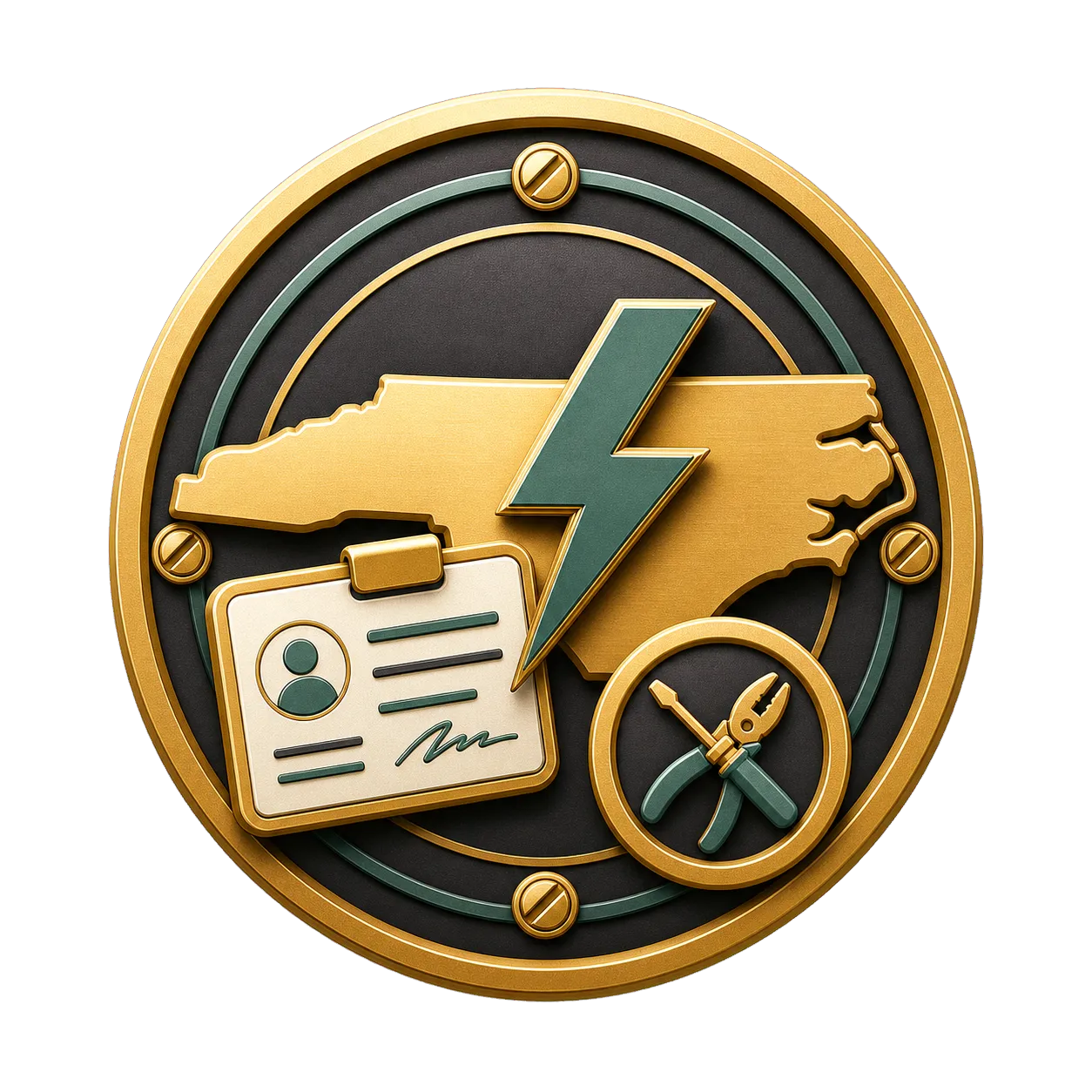Generated green and gold license medallion with North Carolina outline, permit card, tool mark, and lightning bolt.
