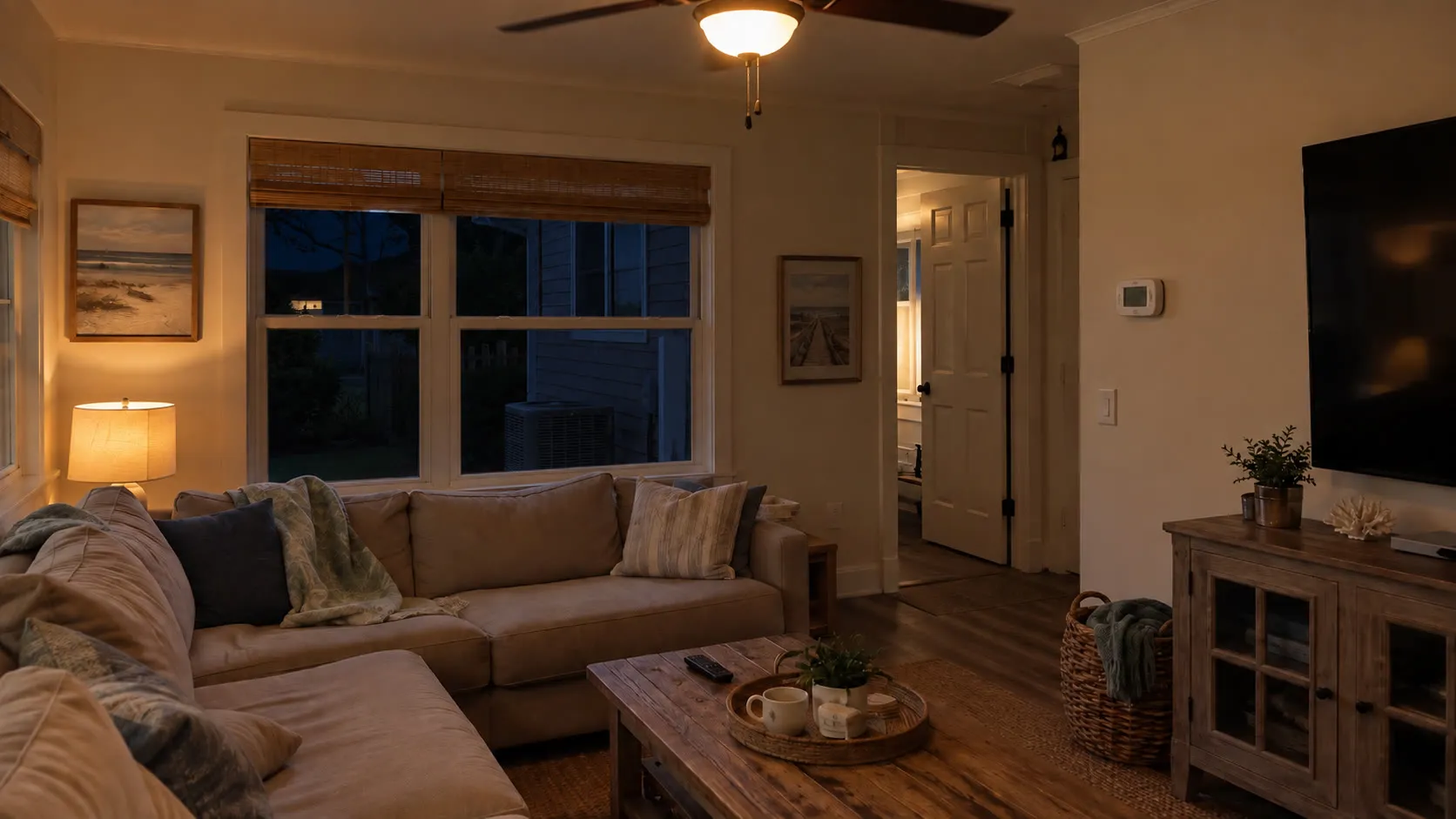 Why Do My Lights Flicker When the AC Turns On? Home living room at night with lights on and an outdoor AC unit visible through the window.