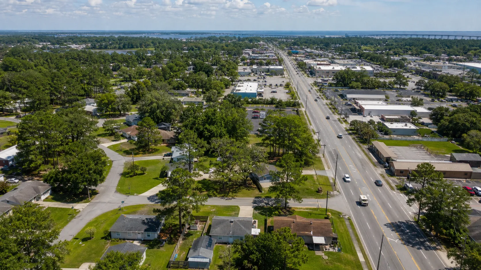 Coastal residential and commercial corridor context near Myrtle Grove, North Carolina.