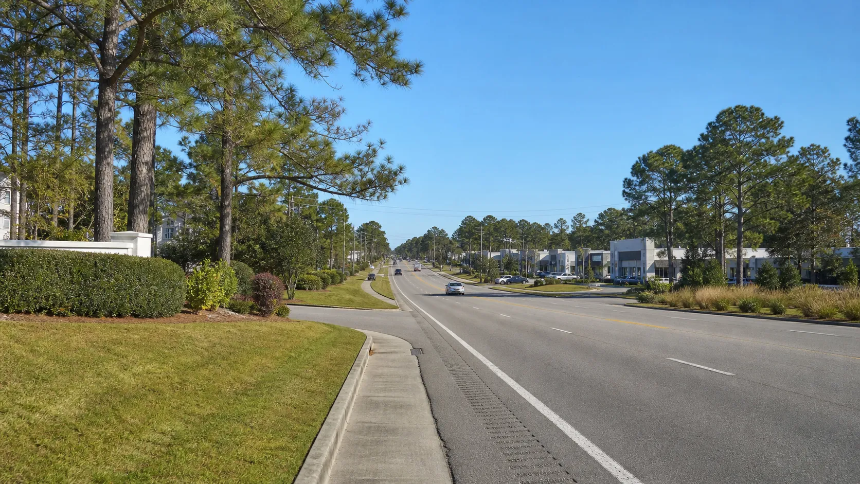 Suburban road and neighborhood context near Ogden in Wilmington, North Carolina.