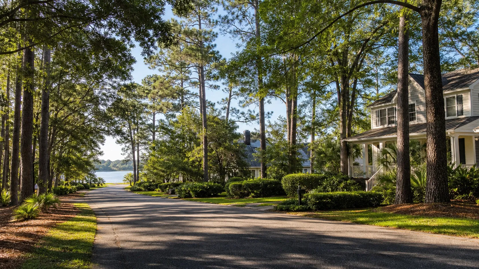 Wooded residential road near Porters Neck in Wilmington, North Carolina.