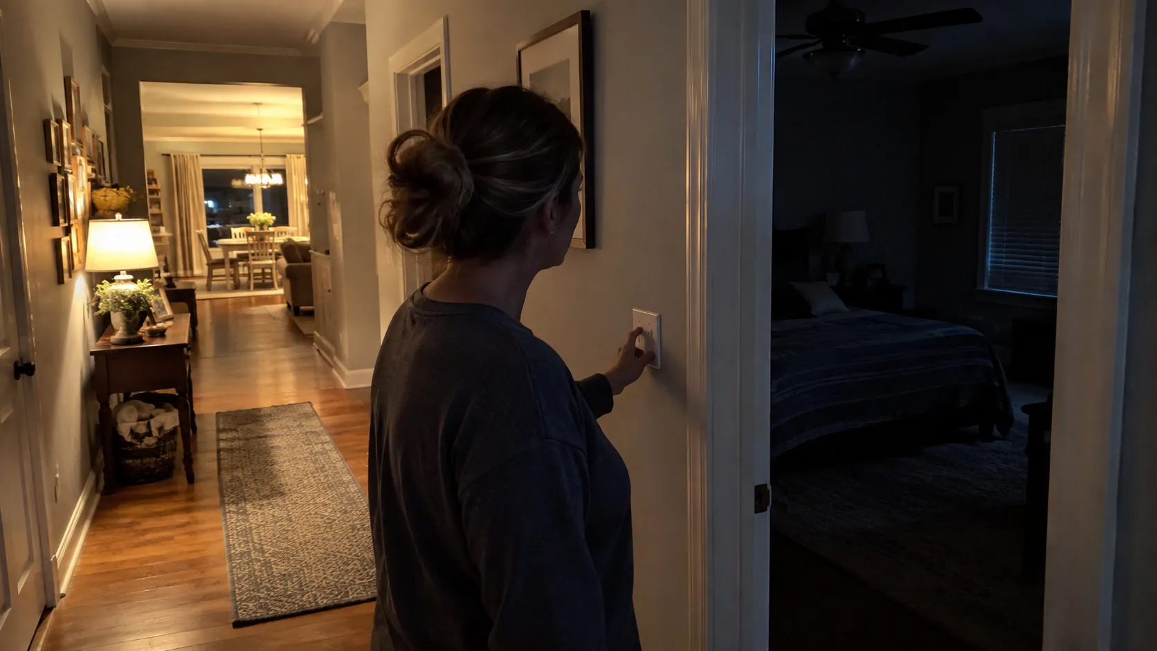 At night, a homeowner touches the light switch by a dark bedroom while another room remains lit.