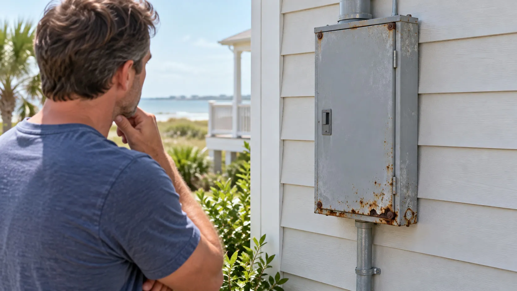 Is a Rusted Electrical Panel Dangerous—or Just Ugly? Coastal homeowner viewing a rusted outdoor electrical panel from a safe distance.