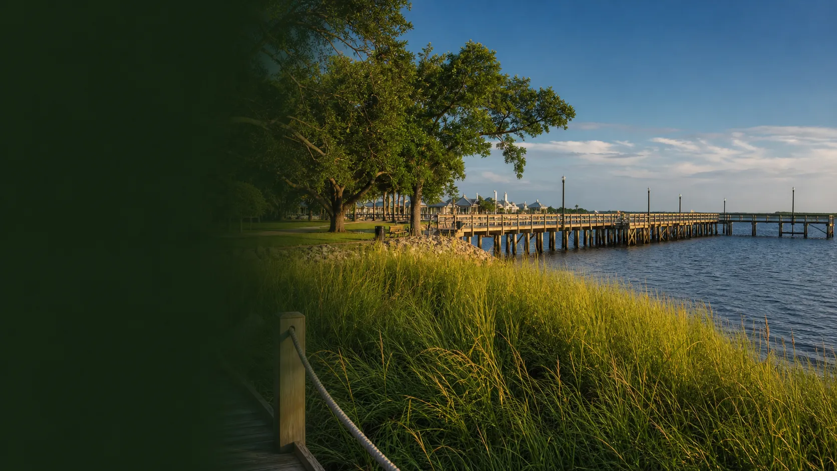 Southport waterfront and pier in Southport, North Carolina.
