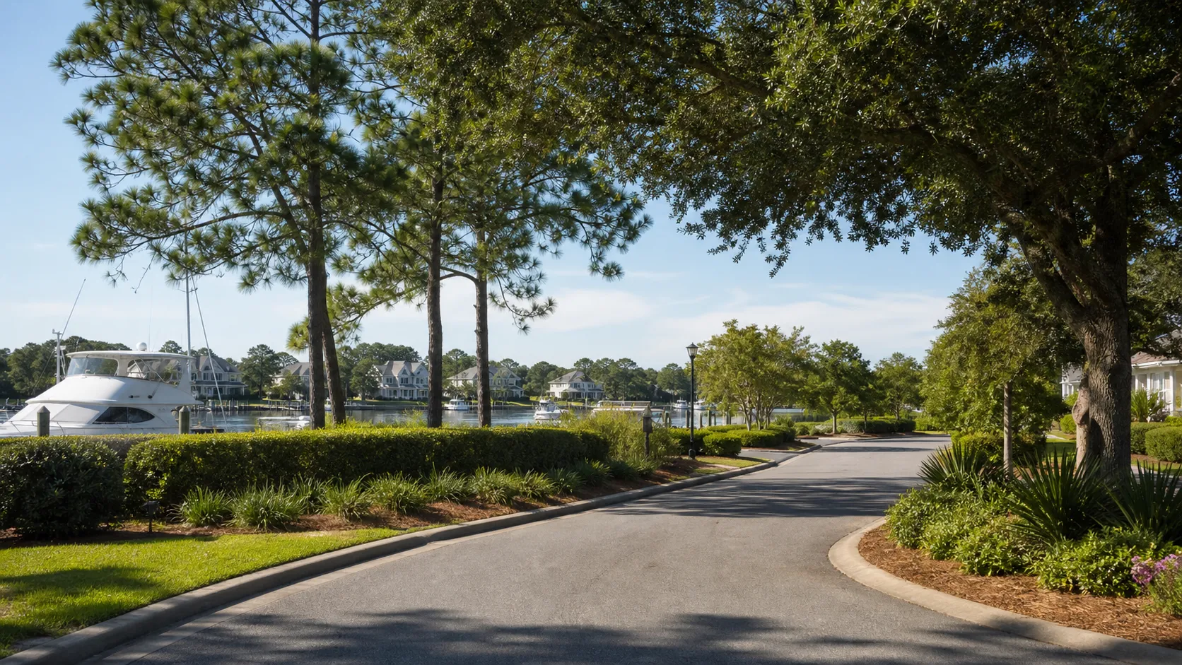 Coastal planned-community road representing St. James Plantation near Southport, North Carolina.