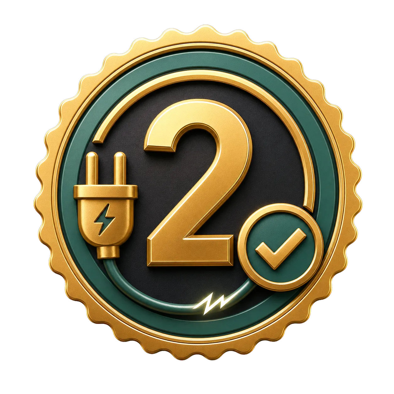 Generated green and gold circular warranty seal with plug, checkmark, and number two motif.