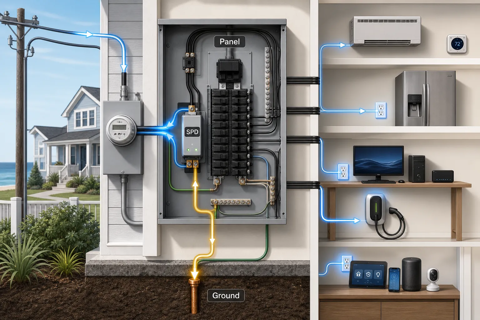 Diagram showing how a whole-home surge protection device at the electrical panel diverts excess voltage to the grounding system before it reaches appliances.