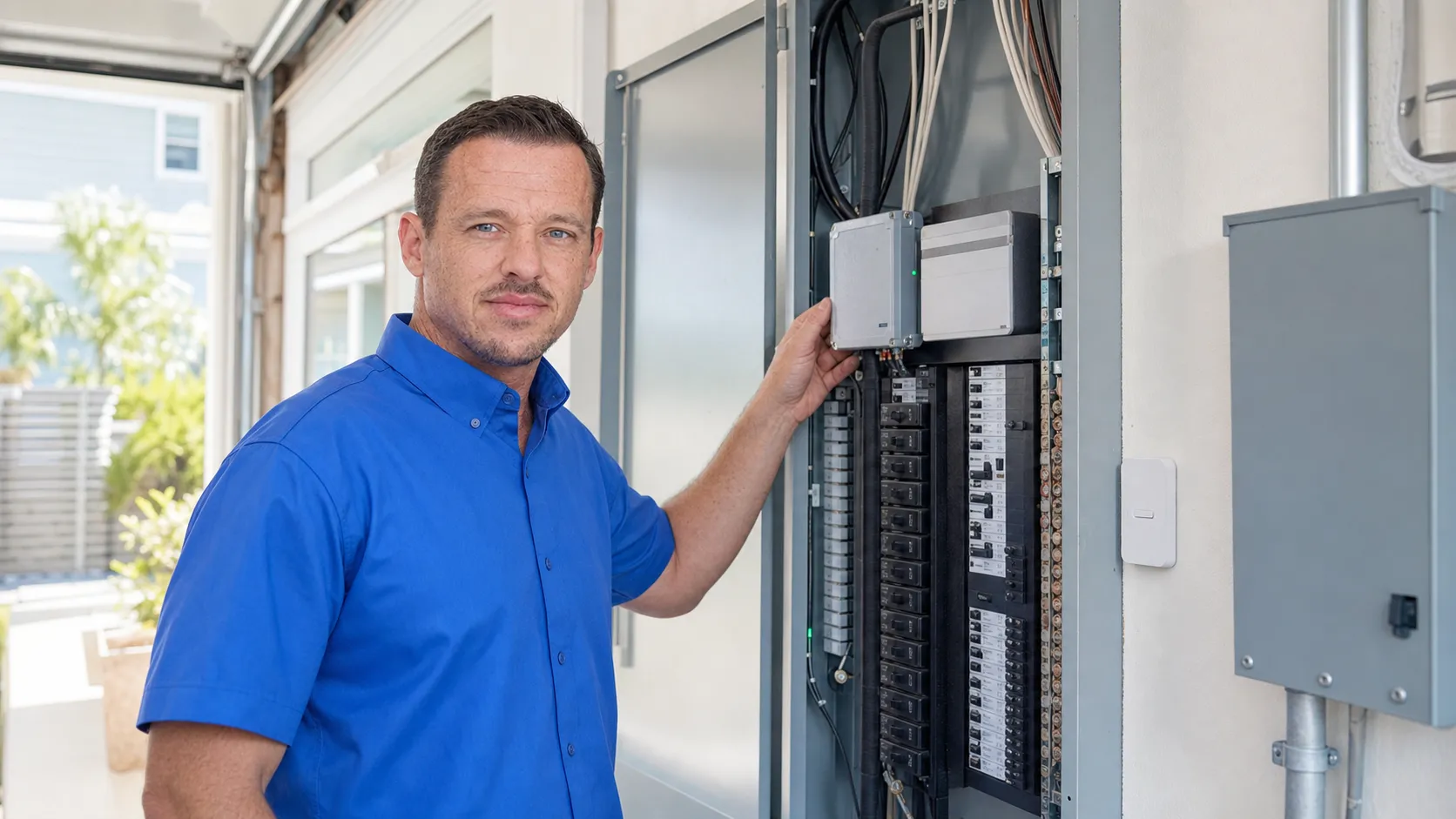 Electrician inspecting whole-home surge protection equipment in a coastal home electrical panel.
