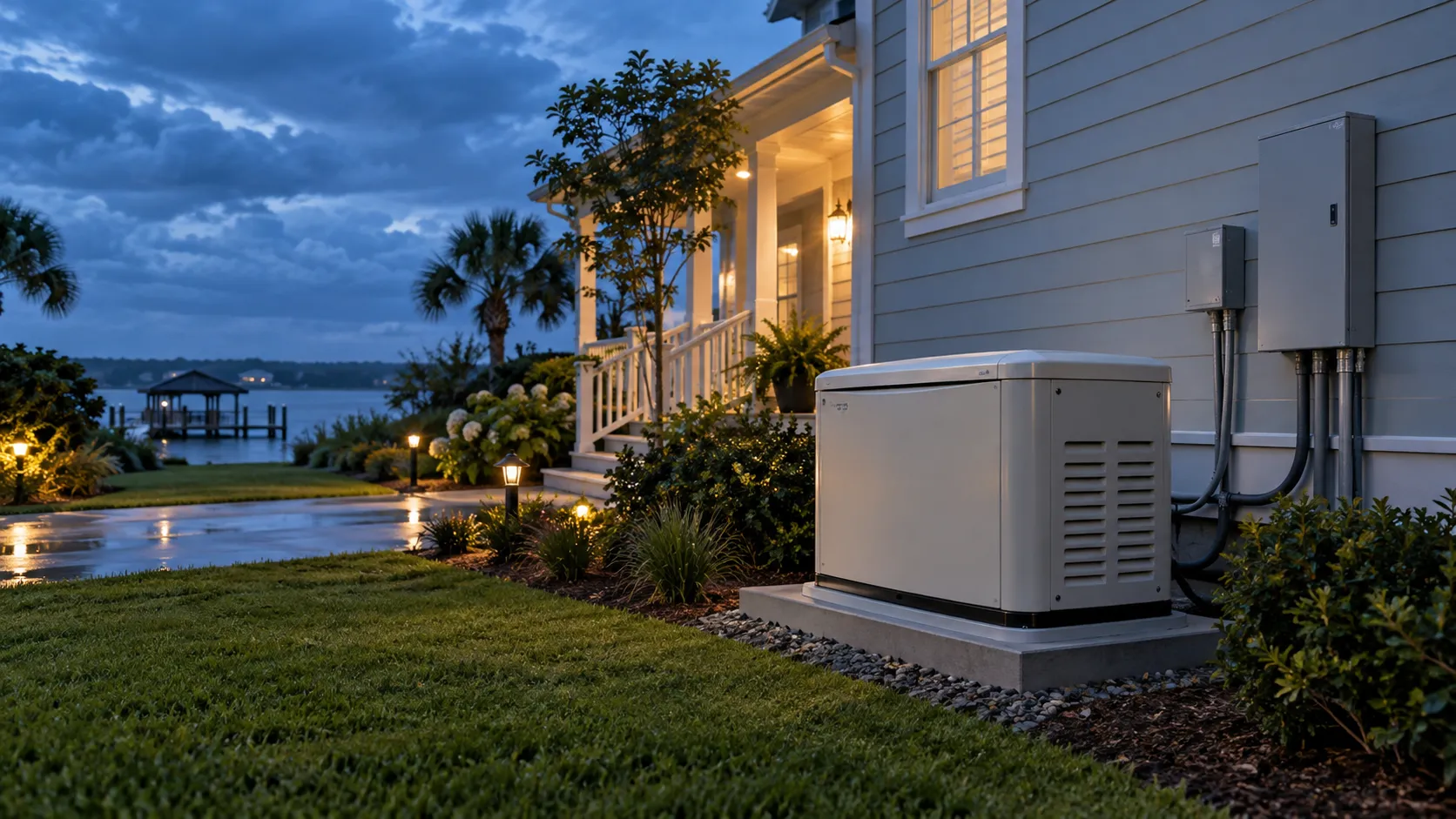 How Much Does a Whole House Generator Cost in Wilmington, NC? Standby generator installed beside a Wilmington-area coastal home.